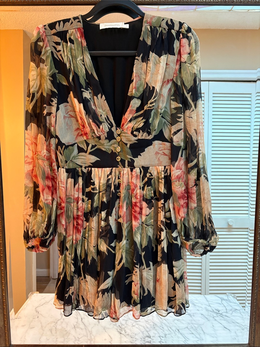 Zimmermann Black Floral V-Neck Long Sleeve Mini Dress